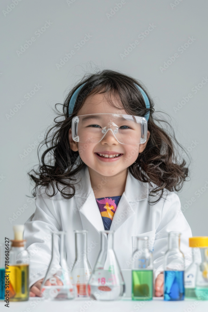 Studio Portrait of Joyful Child in Lab Coat and Goggles with Test Tubes Studio Portrait of Joyful Child in Lab Coat and Goggles with Test Tubes