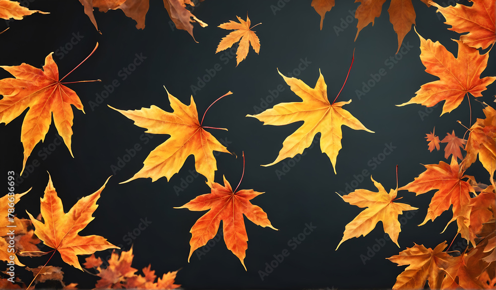 Autumnal vibrant orange maple leaves against dark background Autumnal vibrant orange maple leaves against dark background