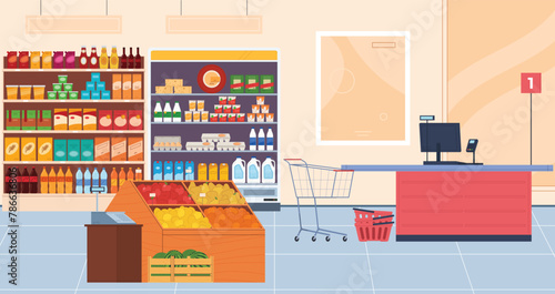 Interior of a supermarket. Grocery store. Counters with products, cash register. Retail. Vector illustration © Igor