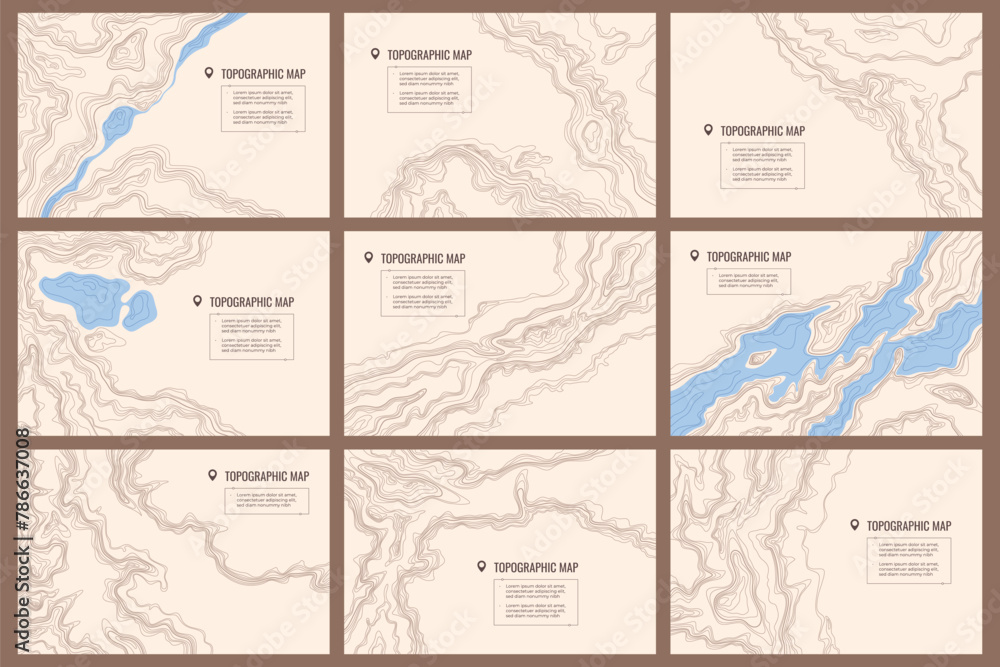 Topographic conventional map. Geographical mountainous relief. Contour designations of heights on the map. Vector illustration