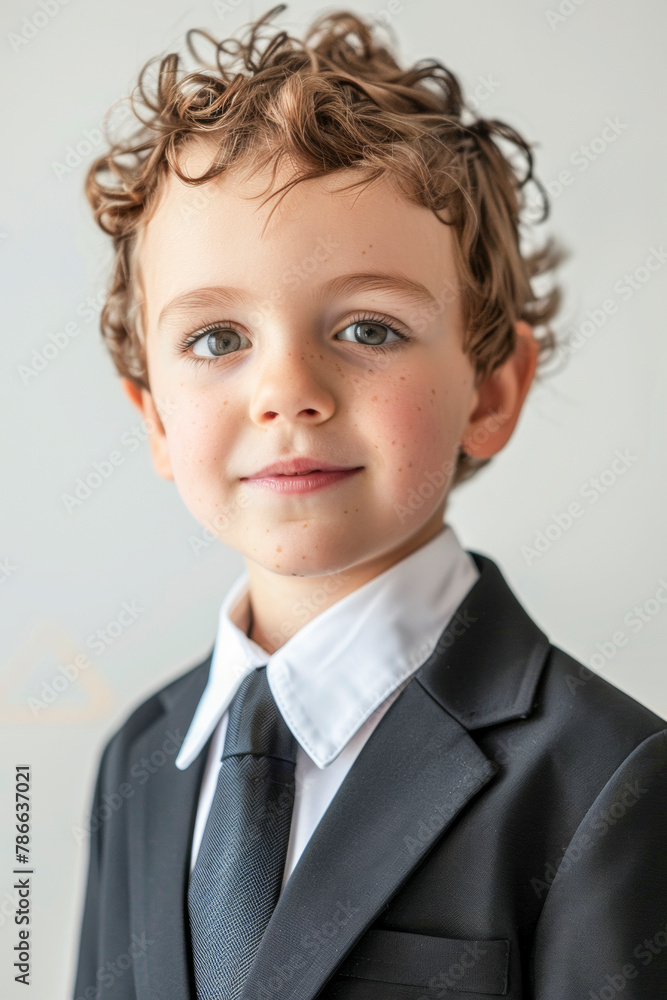 Smiling Boy Poses in Stylish Suit Against Neutral Background Smiling Boy Poses in Stylish Suit Against Neutral Background