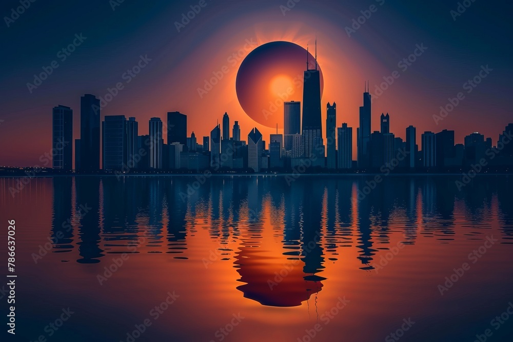 a solar eclipse in the sky over Chicago skyline, silhouette of buildings, reflection on lake, dark orange and blue color gradient, cinematic, hyper realistic