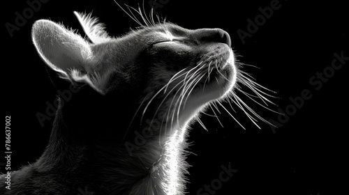   A monochrome image of a cat's expressive face, with eyes concealed and an erect head photo