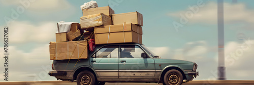 A Family car drives overloaded with Furniture and moving cartons