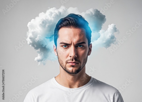 Mind power, knowledge and intelligence. Young purposeful, strong-willed man with clouds around the head
