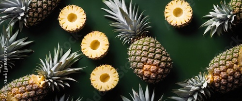 Pineapple fruits with cron on dark green. Food background. Top view photo