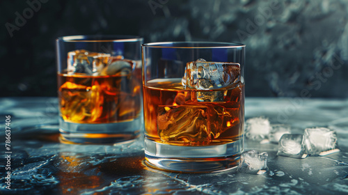 Whiskey with ice in glasses