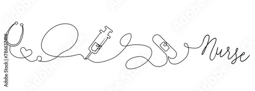 Nurse continuous line drawing of Syringe, stethoscope, plaster. Line breaking love for medicine in simple linear style. Vector Graphic Illustration for Canva, presentation, decoration	