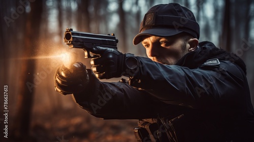 Police officer firing a gun at a shooting range, dramatic light photo