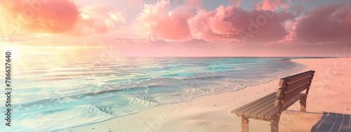 Serene beach scene with empty bench photo