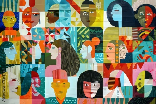 A vibrant and colorful mural depicting diverse group of people from around the world, all wearing different with various patterns and textures. The background is filled with geometric shapes in shades