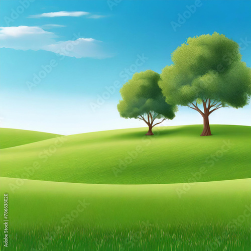 3D lush green field with two trees in the foreground. The sky is blue and clear  and the scene is peaceful and serene