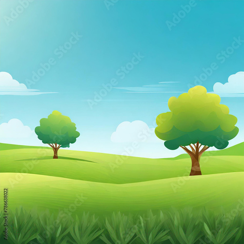 3D lush green field with two trees in the foreground. The sky is blue and clear  and the scene is peaceful and serene