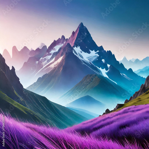 3D mountain range with purple and blue grass photo