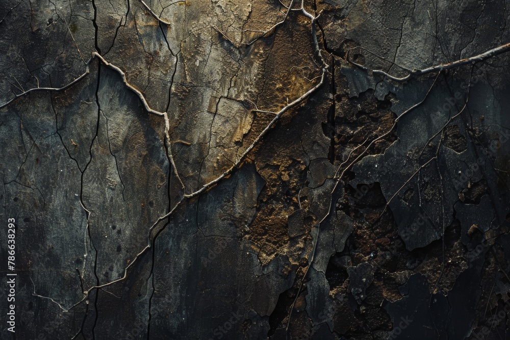 A captivating image of rugged beauty, showcasing cracked dark stone textures with rich earthy tones and deep shadows.

