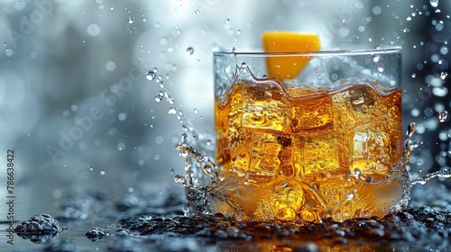   A tight shot of an orange wedge in a glass filled with ice and water, with droplets forming as H2O splashes against the rim