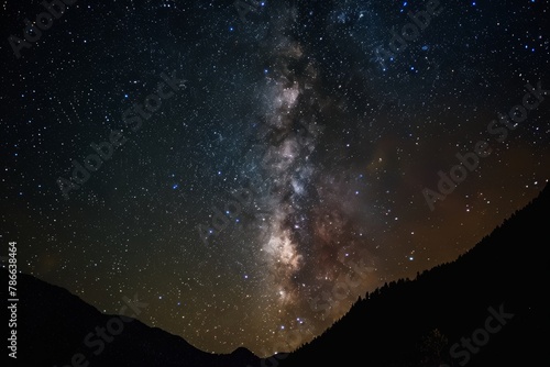 Majestic Milky Way galaxy sprawling across the night sky over shadowy mountains, a high-definition shot for cosmic and natural themes.