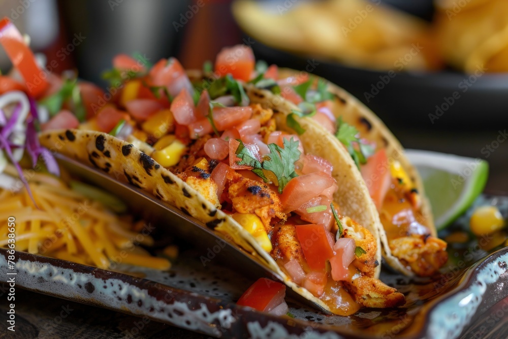 Savory Spicy Chicken Tacos with Fresh Pico de Gallo and Cheese on Wooden Table Savory Spicy Chicken Tacos with Fresh Pico de Gallo and Cheese on Wooden Table
