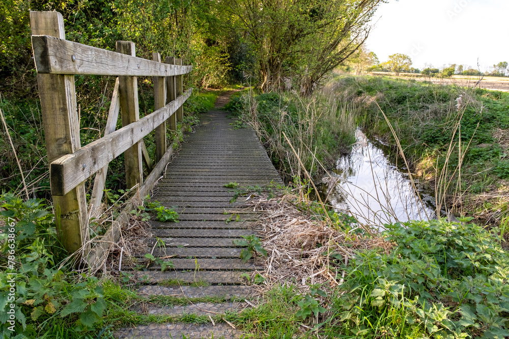 Wooden footbridge over the stream in the Norfolk countryside
