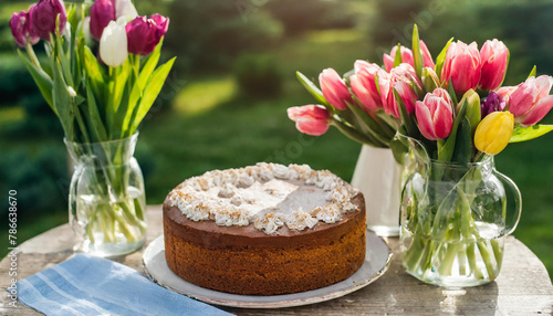 A cake rests on a table beside vases of tulips and flowers #786638670