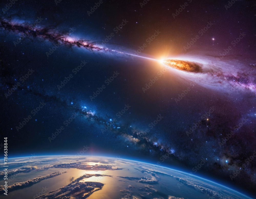 Fototapeta premium Rocket spaceship shuttle launch with bright space nebula sky with bright rocket trail of fire and smoke