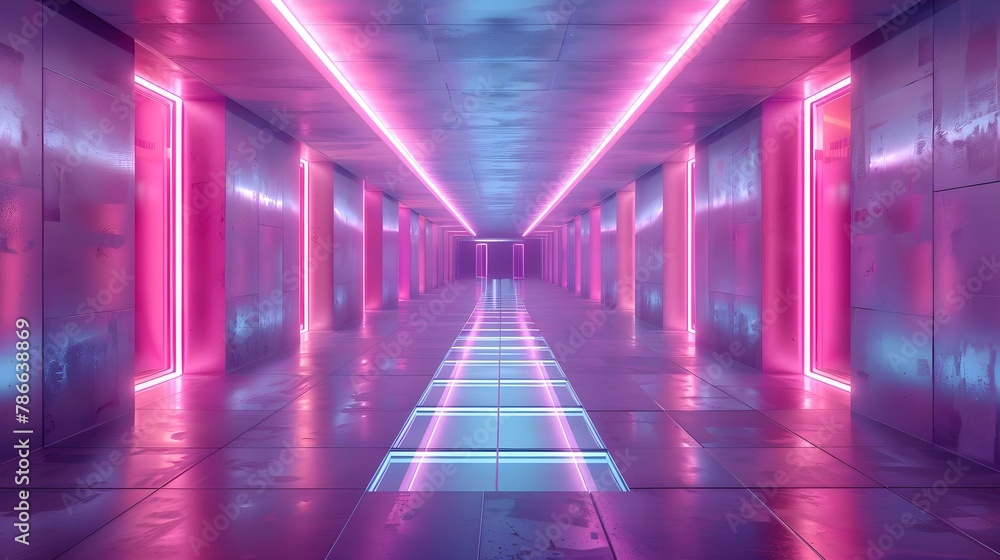 Futuristic Corridor with Neon Glow and Reflective Floors. Concept Futuristic Setting, Neon Glow, Reflective Floors, Sci-Fi Theme, Modern Architecture
