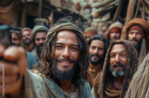 Jesus, portrait and selfie with group of people for religious experience, support and memory of worship. Faith, disciples and photography with prophet for leadership, gratitude and connection to God © Peopleimages - AI
