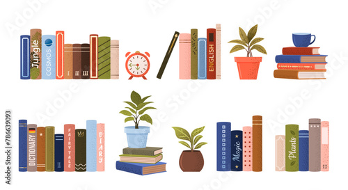 isolated stack and piles of various books. World book day. Vector set of educational books, plants, cup, alarm clock. Grainy illustrations on white background for book festival, store, book fair. 
