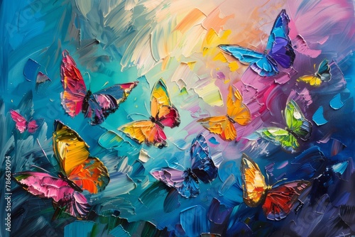 Beautiful colorful butterflies flying in the air, oil painting, palette knife, brush strokes, beautiful background