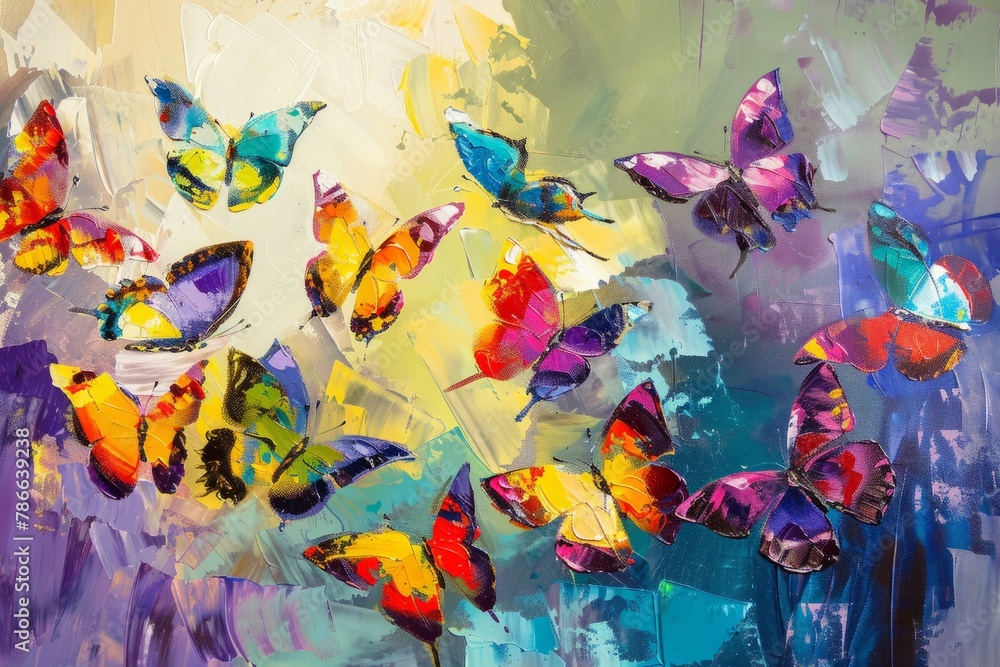 Beautiful colorful butterflies flying in the air, oil painting, palette knife, brush strokes, beautiful background
