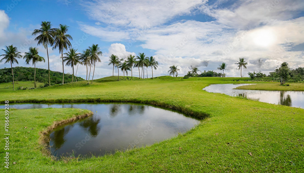 A grassy field with a pond and palm trees