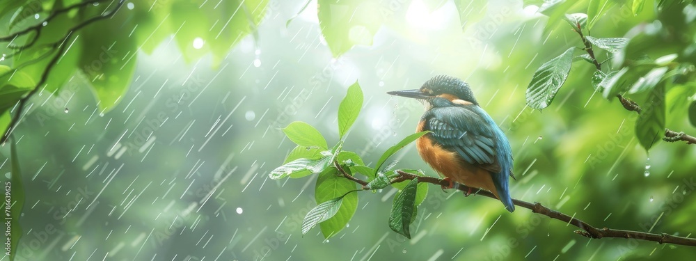 Serene Bird Perched on Tree Branch During Gentle Rainfall in Natural Setting Serene Bird Perched on Tree Branch During Gentle Rainfall in Natural Setting