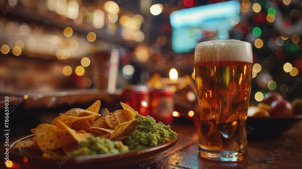 pint of beer and chips and guacamole, bokeh lights pint of beer and chips and guacamole, bokeh lights