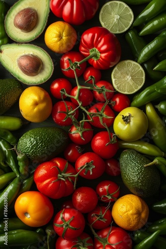 bunch of avocados, tomatoes, peppers, vegetable background