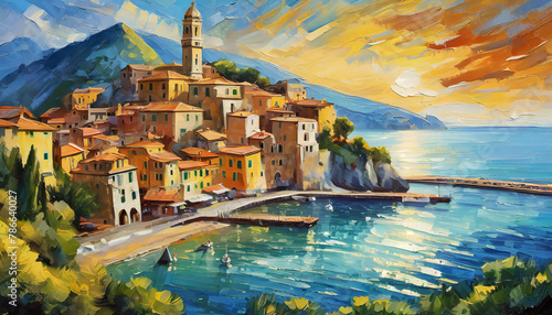 a painting of a small town in italy in the style of lively coastal landscapes photo