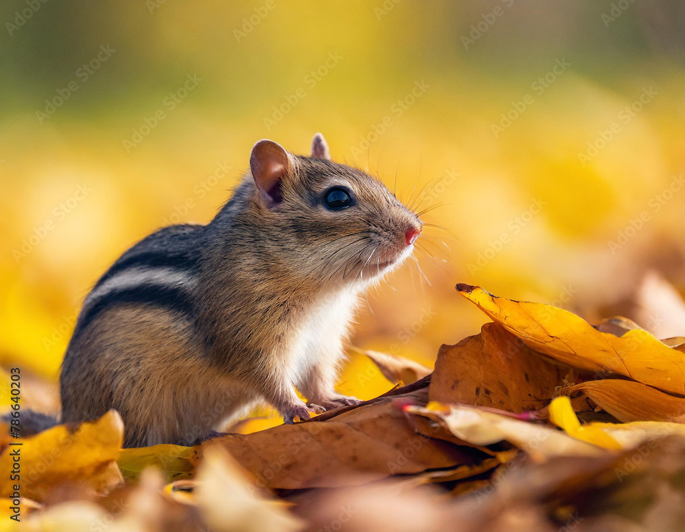 a small rodent sitting on top of a pile of leaves in the middle of a field of yellow leaves. a small rodent sitting on top of a pile of leaves in the middle of a field of yellow leaves.