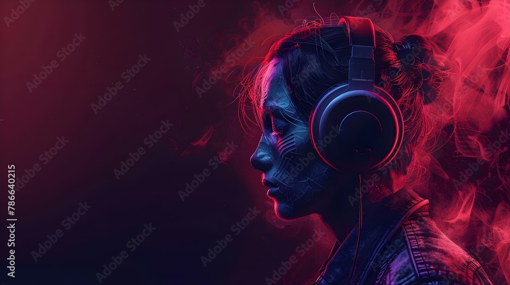 Vibrant Cyber Melody: Headphones & Hues. Concept Music Photoshoot, Neon Lights, Electronic Beats, Techno Vibes