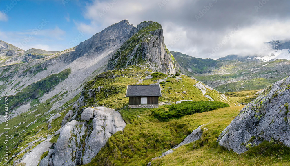 A tiny house perched atop a mountain, with moss covering the rocks below and lush grass crowning the peak