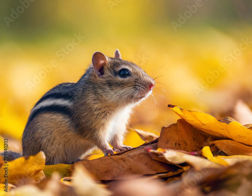 a small rodent sitting on top of a pile of leaves in the middle of a field of yellow leaves. © Nicolas