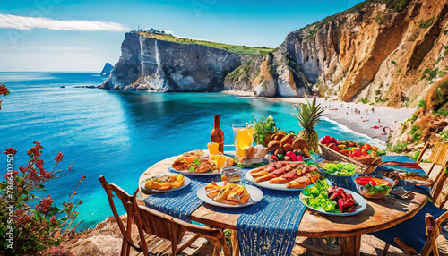 a table with a lot of food on it near the water and a cliff side with a blue ocean in the background and a blue sky photo