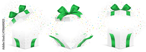 Vector set of white gift boxes with green ribbons and exploded colorful confetti isolated on a white background. Unfolded surprise giftbox, vector illustration. © Topuria Design