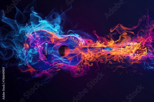 Colorful guitar in the form of smoke on a dark background, illustrated in the style of a fantasy style. The vector graphic is very detailed, of high quality and sharp focus. It is a highly colorful
