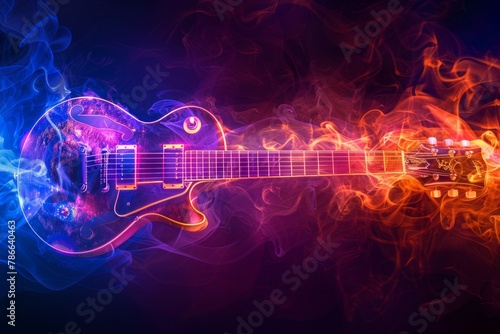 Colorful guitar in the form of smoke on a dark background, illustrated in the style of a fantasy style. The vector graphic is very detailed, of high quality and sharp focus. It is a highly colorful