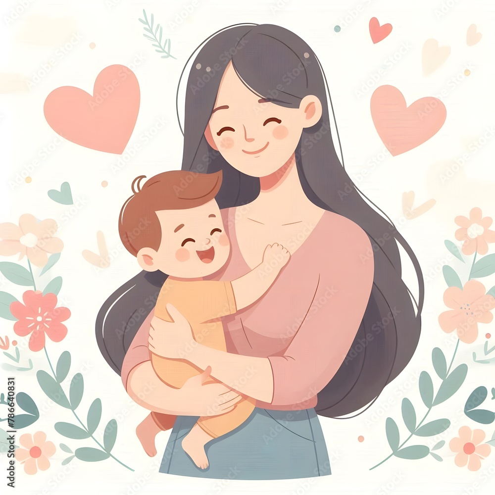illustration of a mother hugging her baby, happy and smiling, Happy Mother's Day illustration of a mother hugging her baby, happy and smiling, Happy Mother's Day