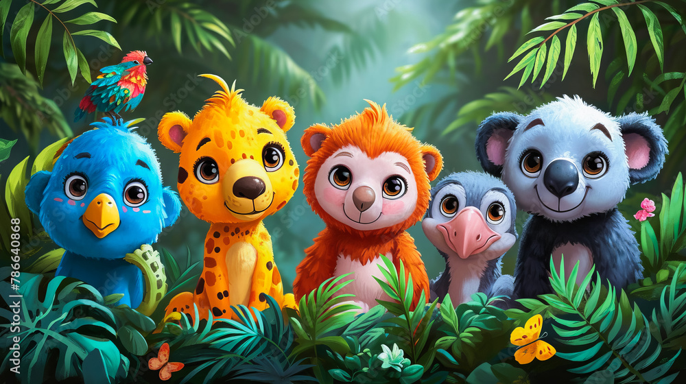 Cute Cartoon Animals in Nature. Jungle Friends