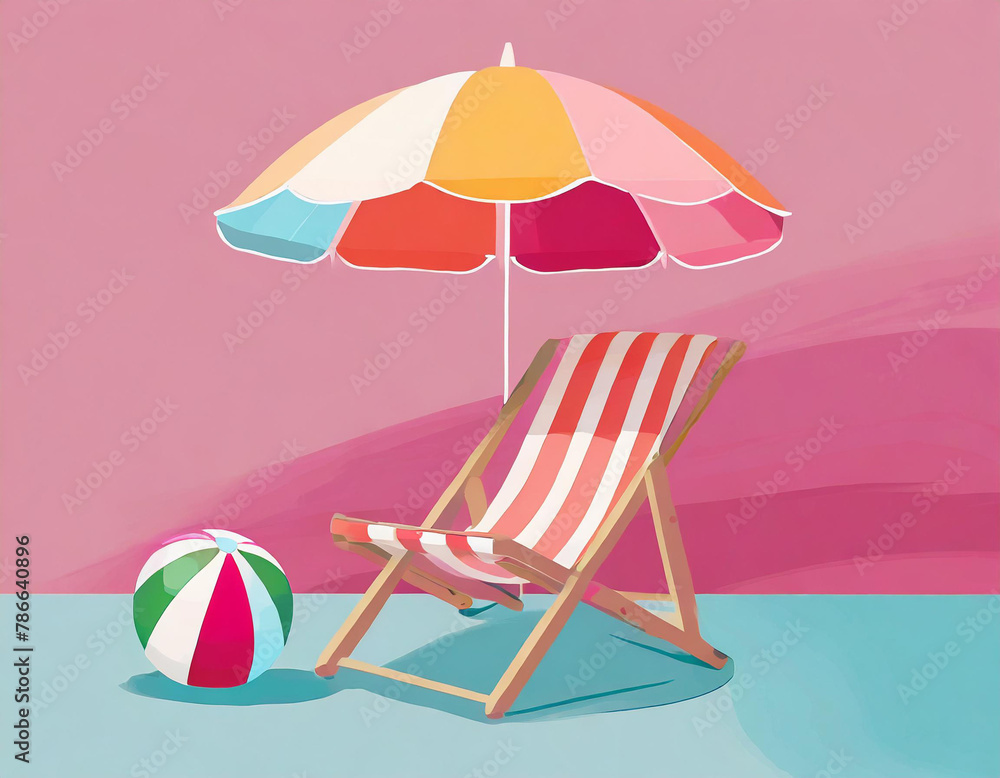 Beach chair with umbrella and beach ball on pink background. Beach chair with umbrella and beach ball on pink background.