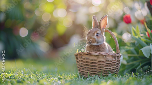 A cute rabbit is sitting in a wicker basket in the middle of a summer blooming green meadow in the morning