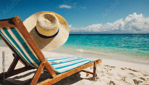 beach chair with a straw hat on top of it
