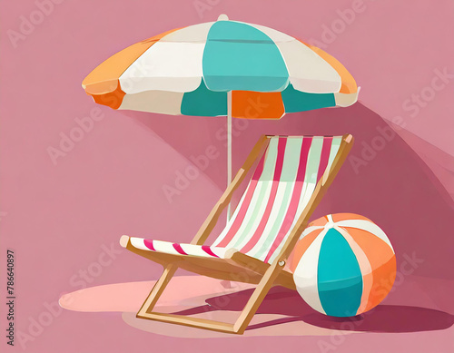 Beach chair with umbrella and beach ball on pink background.