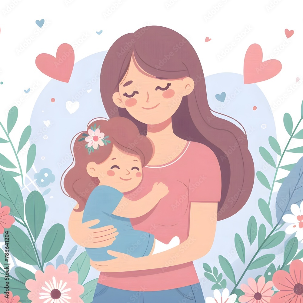 illustration of a mother hugging her baby, happy and smiling, Happy Mother's Day illustration of a mother hugging her baby, happy and smiling, Happy Mother's Day